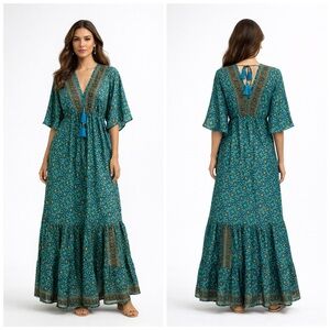 Zury Teal Floral Boho Maxi Dress V-Neck Tassel Tie Size M NWT